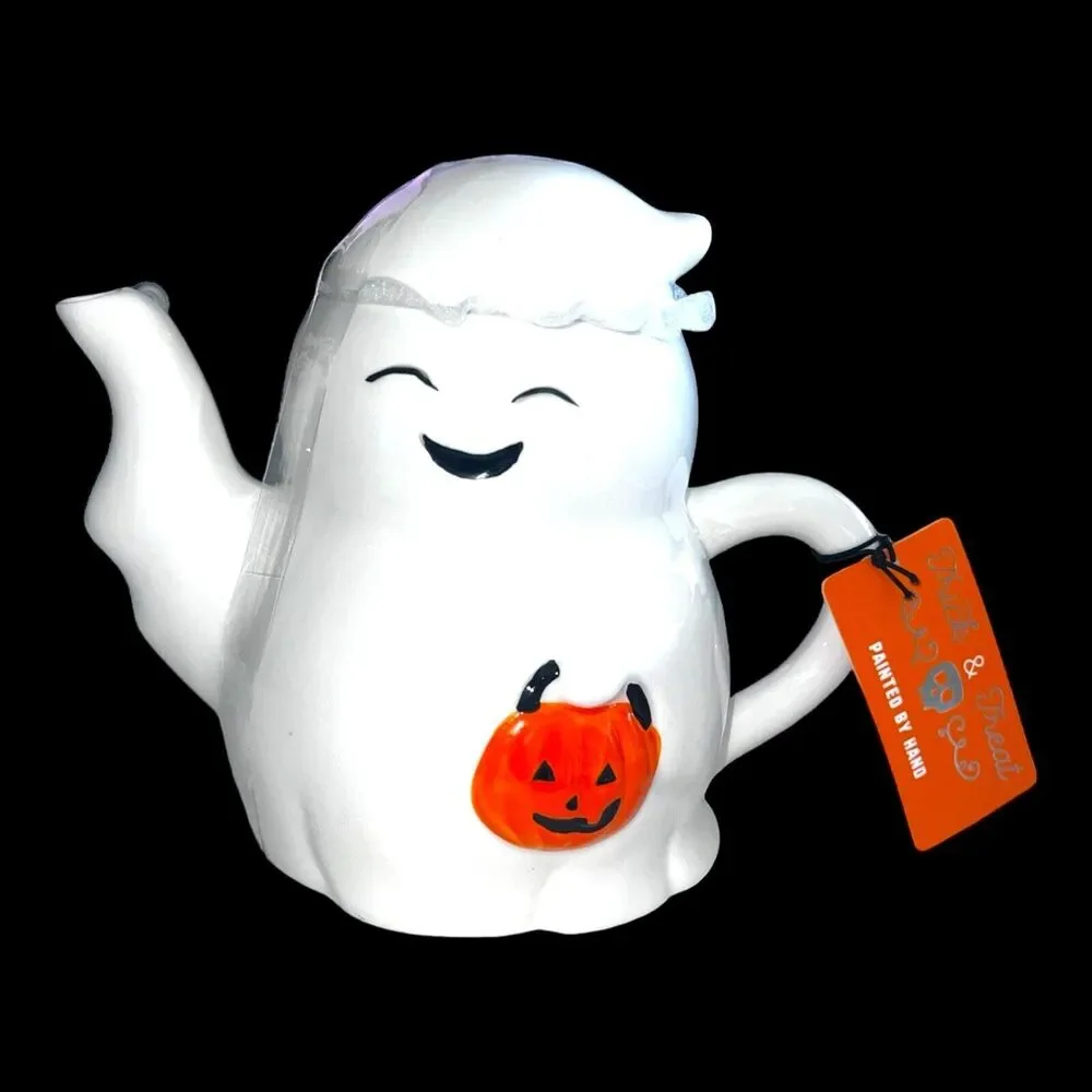 Trick & Treat Halloween Smiling Ghost W Pumpkin Ceramic Hand-painted Teapot NEW